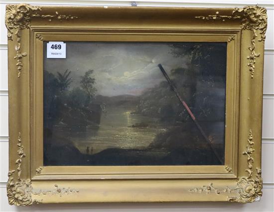 19th century Danish School, oil on panel, South American? river landscape under moonlight, 27 x 40cm